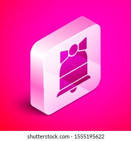 Isometric Merry Christmas ringing bell icon isolated on pink background. Alarm symbol, service bell, handbell sign, notification symbol. Silver square button. Vector Illustration