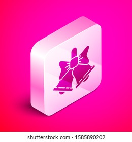 Isometric Merry Christmas ringing bell icon isolated on pink background. Alarm symbol, service bell, handbell sign, notification. Silver square button. Vector Illustration