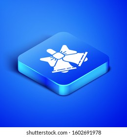 Isometric Merry Christmas ringing bell icon isolated on blue background. Alarm symbol, service bell, handbell sign, notification. Blue square button. Vector Illustration