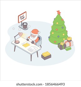 Isometric Merry Christmas. Santa Claus is sitting at the table reading letters. New Year congratulation. 