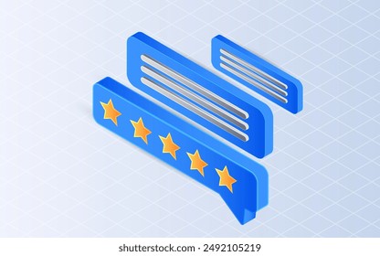 Isometric message bubbles with stars rating on white background. Customer feedback concept