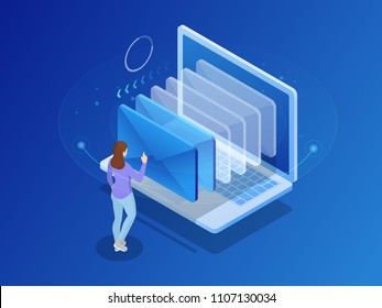 Isometric Message Online Chat Social Text Concept. Business Woman Holding Smartphone With Emails. Vector Illustration