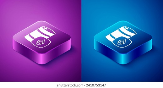 Isometric Metal beer keg icon isolated on blue and purple background. Square button. Vector