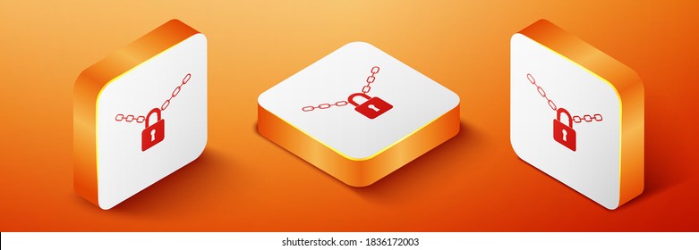Isometric Metal chain and lock icon aislado en el fondo naranja. Padlock y cadena de acero. Botón cuadrado naranja. Vector.