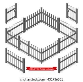 Isometric metal fence and gate constructor. Metallic lattice isolated on white. Vector illustration