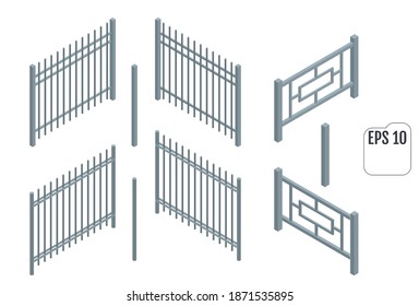 Isometric Metal Fence Sections. Vector