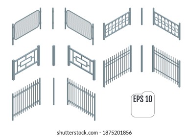 Isometric metal fence sections. Vector