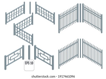 Isometric Metal fence sections. Vector