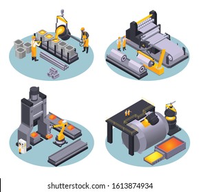 Isometric metal industry plant 2x2 design concept with equipment for casting iron 3d isolated vector illustration