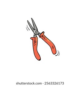 Isometric metal pliers drawing in cartoon comic style. Building tool. Vector illustration art.