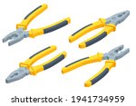 Isometric metal pliers with rubber handles black and yellow color isolated on white background. Hand tools for repair, construction and maintenance