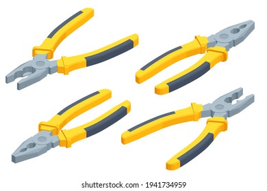 Isometric metal pliers with rubber handles black and yellow color isolated on white background. Hand tools for repair, construction and maintenance