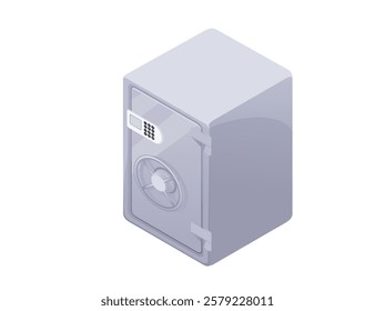 Isometric metal safe with a combination dial and keyhole. Smooth gray surface. Sturdy and compact design with a strong locking mechanism. Vector illustration isolated on white background