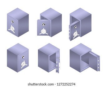 Isometric metal safe with opened and closed door. Armored box vector illustration.