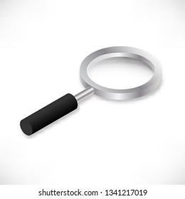 Isometric metallic magnifier with reflection, black handle, realistic shadow isolated on white background. Search icon. Magnifying glass vector illustration