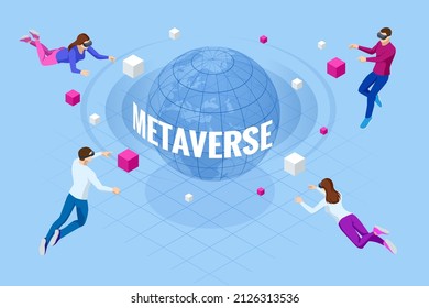 Isometric Metaverse Concept. Network Of 3D Virtual Worlds Focused On Social Connection. Internet As A Single, Universal Virtual World. Virtual Reality