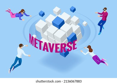 Isometric metaverse concept. Network of 3D virtual worlds focused on social connection. Internet as a single, universal virtual world.