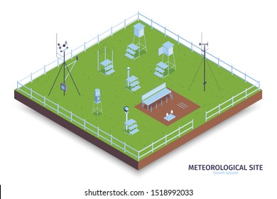 Isometric meteorological center composition with view of fenced green area and weather observing equipment with stairs vector illustration