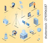 Isometric meteorological center flowchart composition with isolated images of weather forecast systems elements with text captions vector illustration
