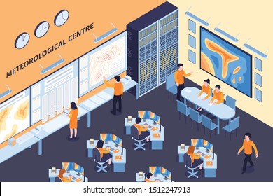 Isometric meteorological center horizontal composition with indoor view of weather central with human characters of forecasters vector illustration