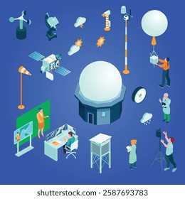 Isometric meteorological weather center flowchart with surface weather observations instrumentation automated station satellites atmospheric science windsock and other elements