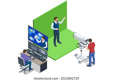 Isometric Meteorologist. Young man shows the weather forecast on the screens. Weather Forecast and Atmospheric Precipitation