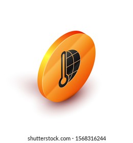 Isometric Meteorology thermometer measuring heat and cold icon isolated on white background. Thermometer equipment showing hot or cold weather. Orange circle button. Vector Illustration