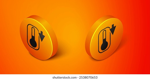 Isometric Meteorology thermometer measuring heat and cold icon isolated on orange background. Thermometer equipment showing hot or cold weather. Orange circle button. Vector