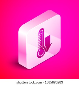 Isometric Meteorology thermometer measuring icon isolated on pink background. Thermometer equipment showing hot or cold weather. Silver square button. Vector Illustration