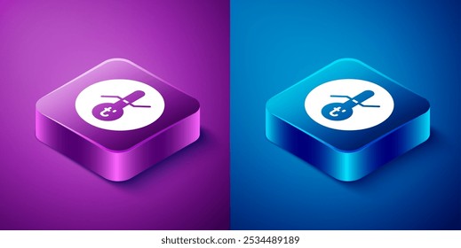 Isometric Meteorology thermometer measuring icon isolated on blue and purple background. Thermometer equipment showing hot or cold weather. Square button. Vector