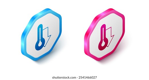 Isometric Meteorology thermometer measuring icon isolated on white background. Thermometer equipment showing hot or cold weather. Hexagon button. Vector