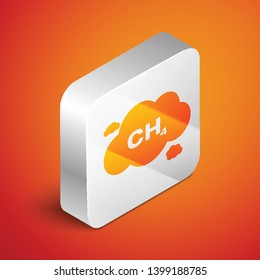 Isometric Methane emissions reduction icon isolated on orange background. CH4 molecule model and chemical formula. Marsh gas. Natural gas. Silver square button. Vector Illustration