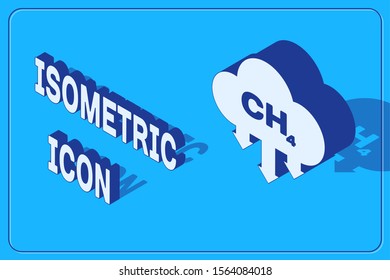 Isometric Methane emissions reduction icon isolated on blue background. CH4 molecule model and chemical formula. Marsh gas. Natural gas.  Vector Illustration
