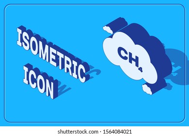 Isometric Methane emissions reduction icon isolated on blue background. CH4 molecule model and chemical formula. Marsh gas. Natural gas.  Vector Illustration