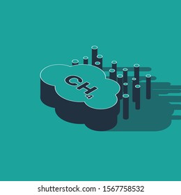 Isometric Methane emissions reduction icon isolated on green background. CH4 molecule model and chemical formula. Marsh gas. Natural gas.  Vector Illustration