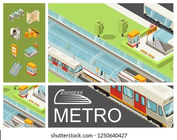 Isometric metro colorful composition with subway station passengers trains bus ticket booth travel cards map escalator tunnel turnstiles information board vector illustration