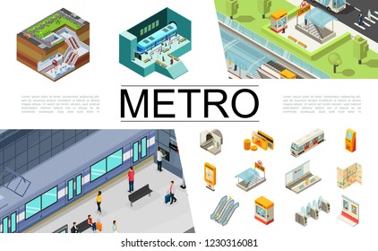 Isometric metro elements collection with train tickets travel card atm navigation map underground entrance escalator turnstiles passengers security booth subway station vector illustration