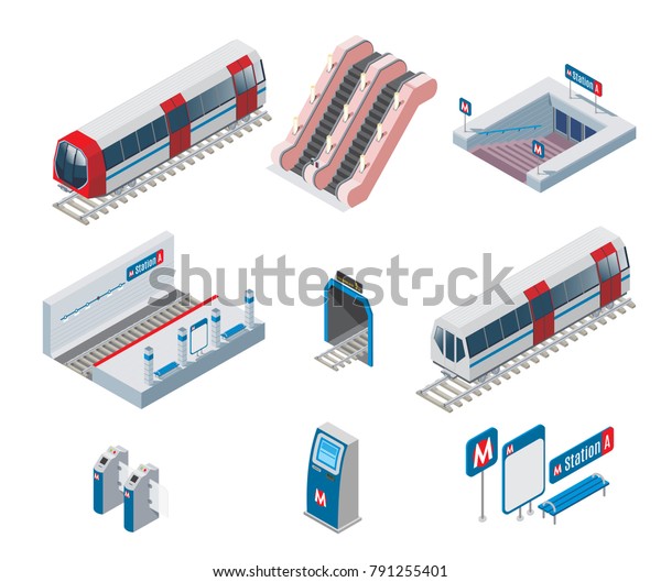 エスカレーター入り口トンネル地下鉄ゲート改札機付き等角式地下鉄エレメントコレクション分離型ベクターイラスト のベクター画像素材 ロイヤリティフリー