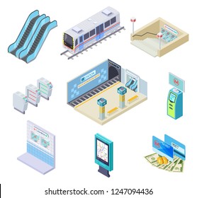 Isometric metro elements. Subway train, station platform and escalator, turnstile and underground tunnel. 3d subway vector collection