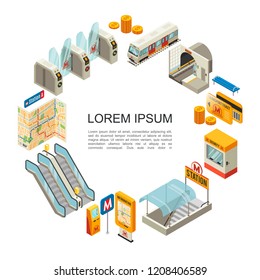 Isometric metro round concept with train coins travel cards security booth underground station gates navigation map escalator atm bench vector illustration