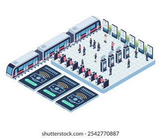Isometrische U-Bahn-Station mit Pendlern, die automatisierte Tariferhebungssysteme verwenden. Konzept der automatischen Gebührenerfassung