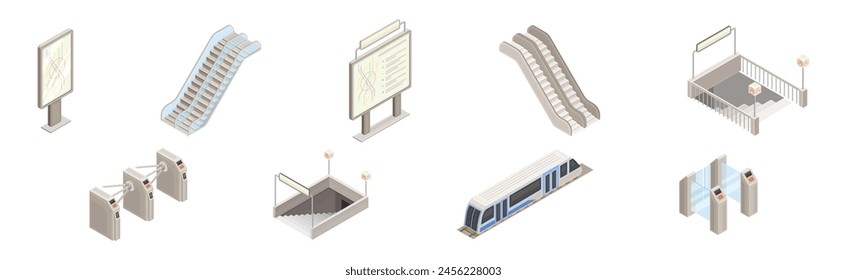 Isometric Metro Station with Map Board and Escalator Vector Set