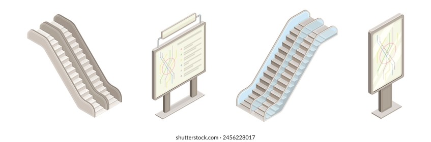 Isometric Metro Station with Map Board and Escalator Vector Set