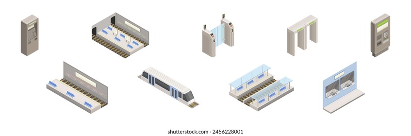 Isometrischer U-Bahnhof mit Zahlungsterminal und Zug-Vektorgrafik-Set