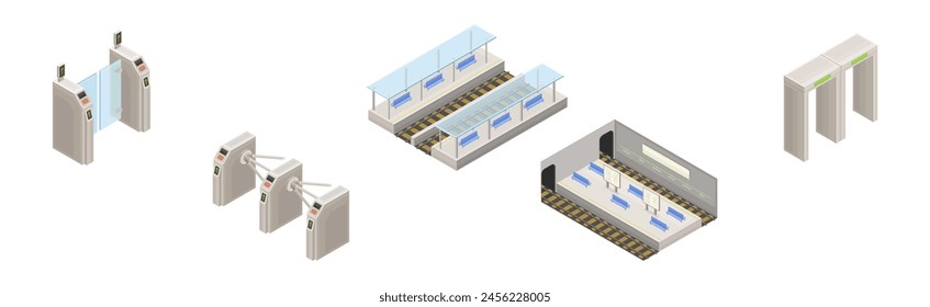 Isometric Metro Station with Platform and Turnstile Vector Set