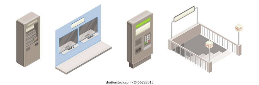 Isometric Metro Station with Train, Stair and Payment Terminal Vector Set