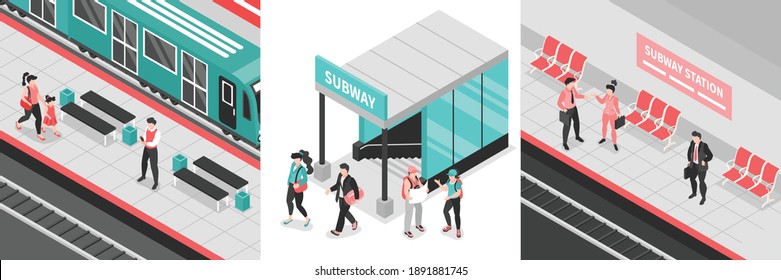 Isometric metro subway design concept with views of underground station areas with people entrance and platforms vector illustration