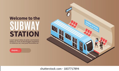 Isometric metro subway horizontal banner with editable text more button and image of train at platform vector illustration