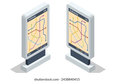 Isometrische U-Bahn- oder U-Bahn-Karte. U-Bahn. Fiktionale Metrokarte. U-Bahn-Bahnsteig. Hochgeschwindigkeitszug.