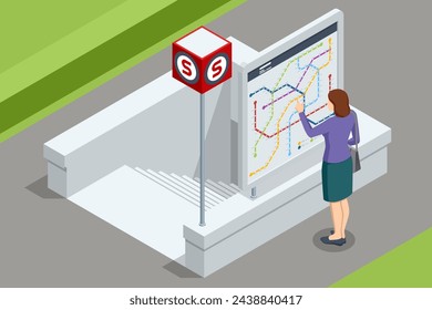 Isometric metro or subway map. Underground way. Fictional metro map. Subway station platform. High speed train.